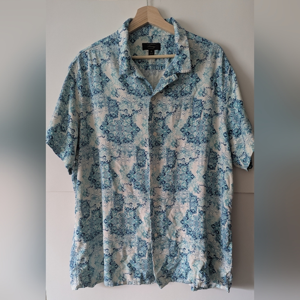 Club Room Silk & Rayon Blue and White Casual Button Down Shirt XXL